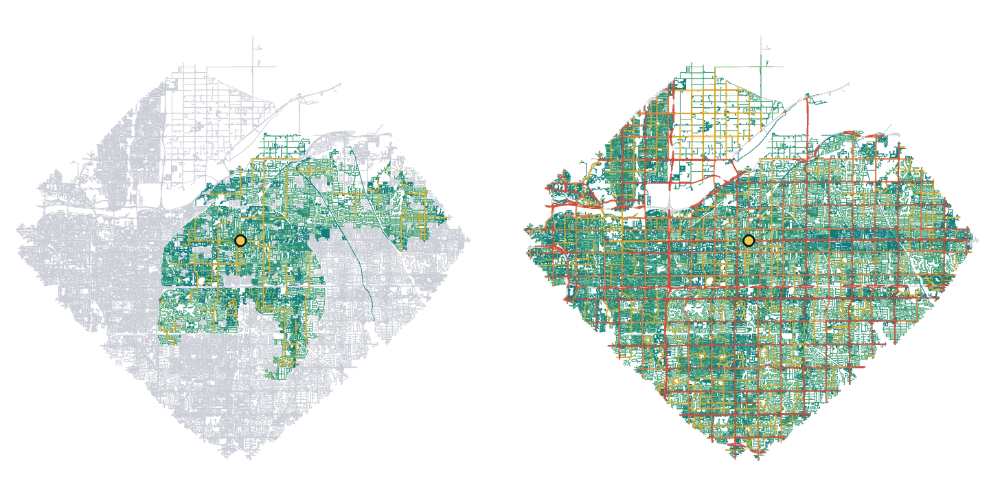 Two reach maps from downtown Mesa on a 20-mile round trip. With a 35 mph ceiling, a lopsided patch of residential streets is reachable and most of the grid is grey. With a 45 mph ceiling, the whole diamond-shaped area is colored.